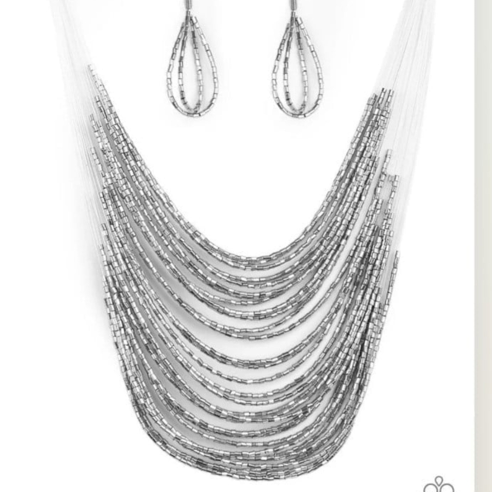 Paparazzi Silver Layered Necklace and Earring Set Catwalk Queen Fashion